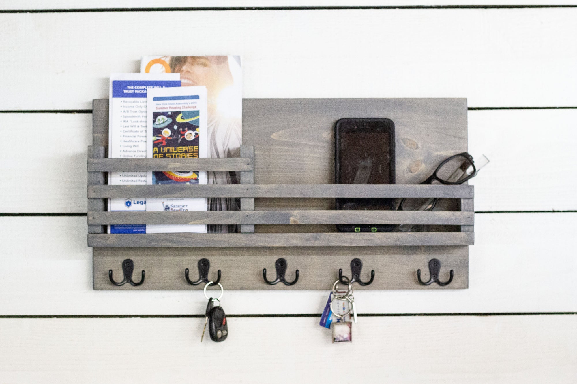 Wall Key + Mail Wood Organizer with Shelf + Railing