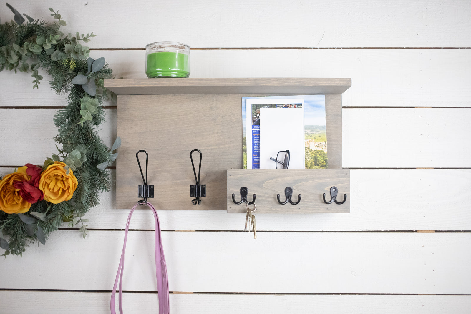 Wooden Home Organization Center with Shelf,  Coat Hooks, Key Hook and Mail Holder