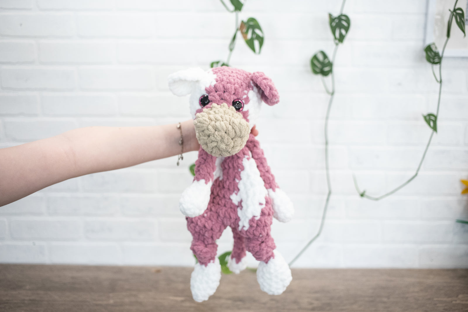 Strawberry Cow Lovey, Cow Stuffed Animal, Crochet Pink and White Cow Snuggler,