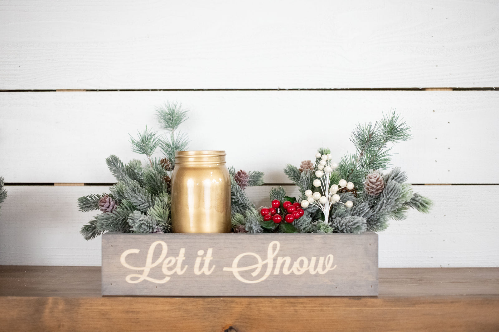 Let it Snow Christmas Centerpiece, Engraved Wood Box with Christmas Greenery