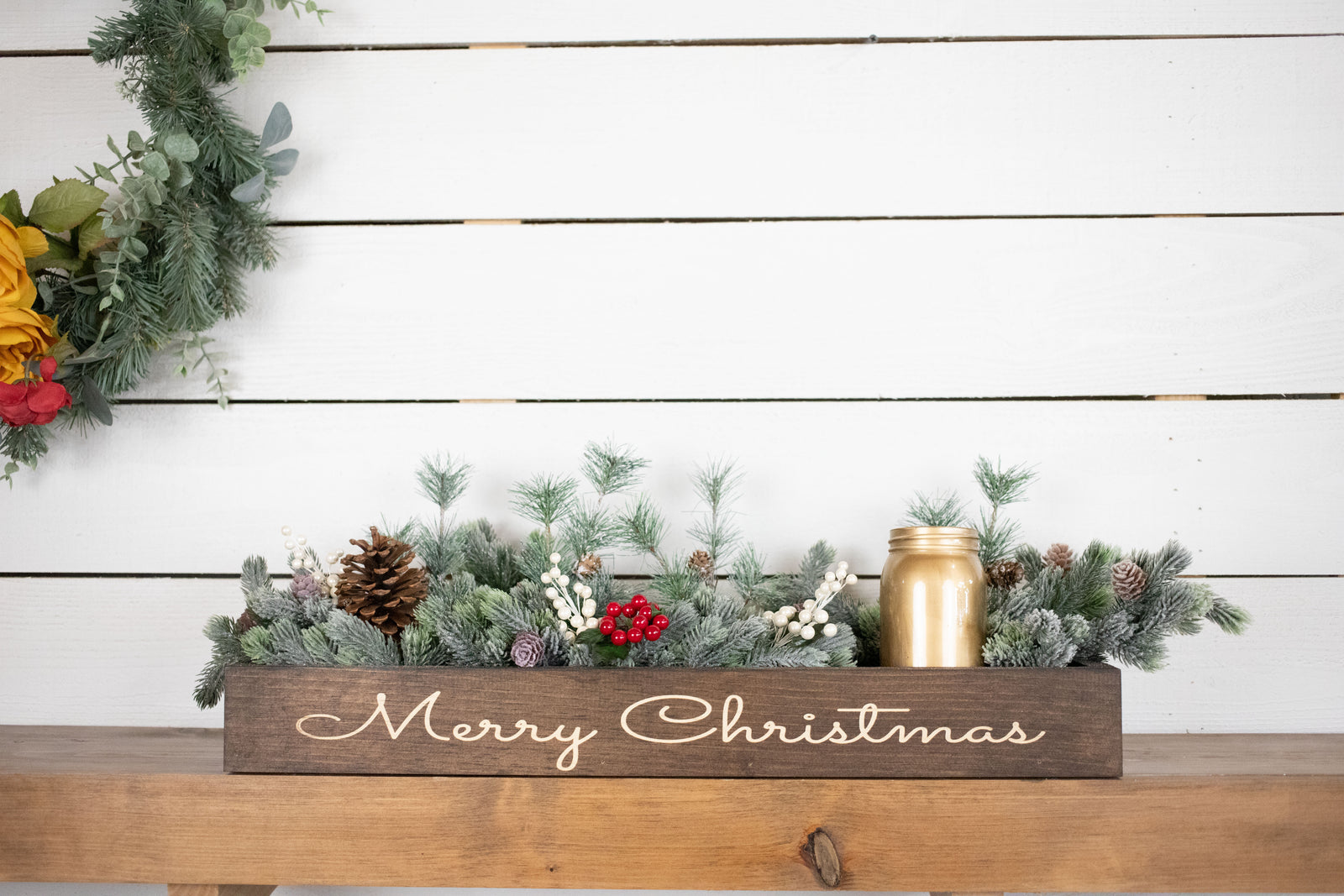 Merry Christmas Centerpiece, Engraved Wood Box with Christmas Greenery