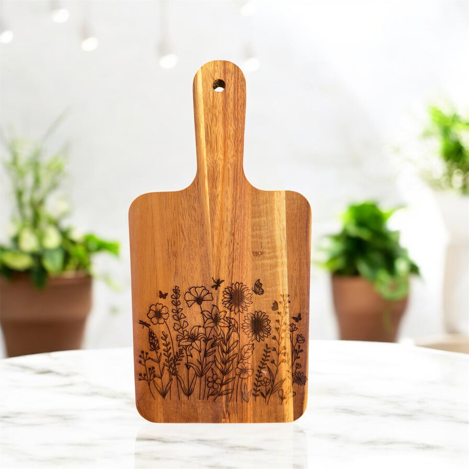 Acacia Cutting Board, Engraved Cutting Board, Floral