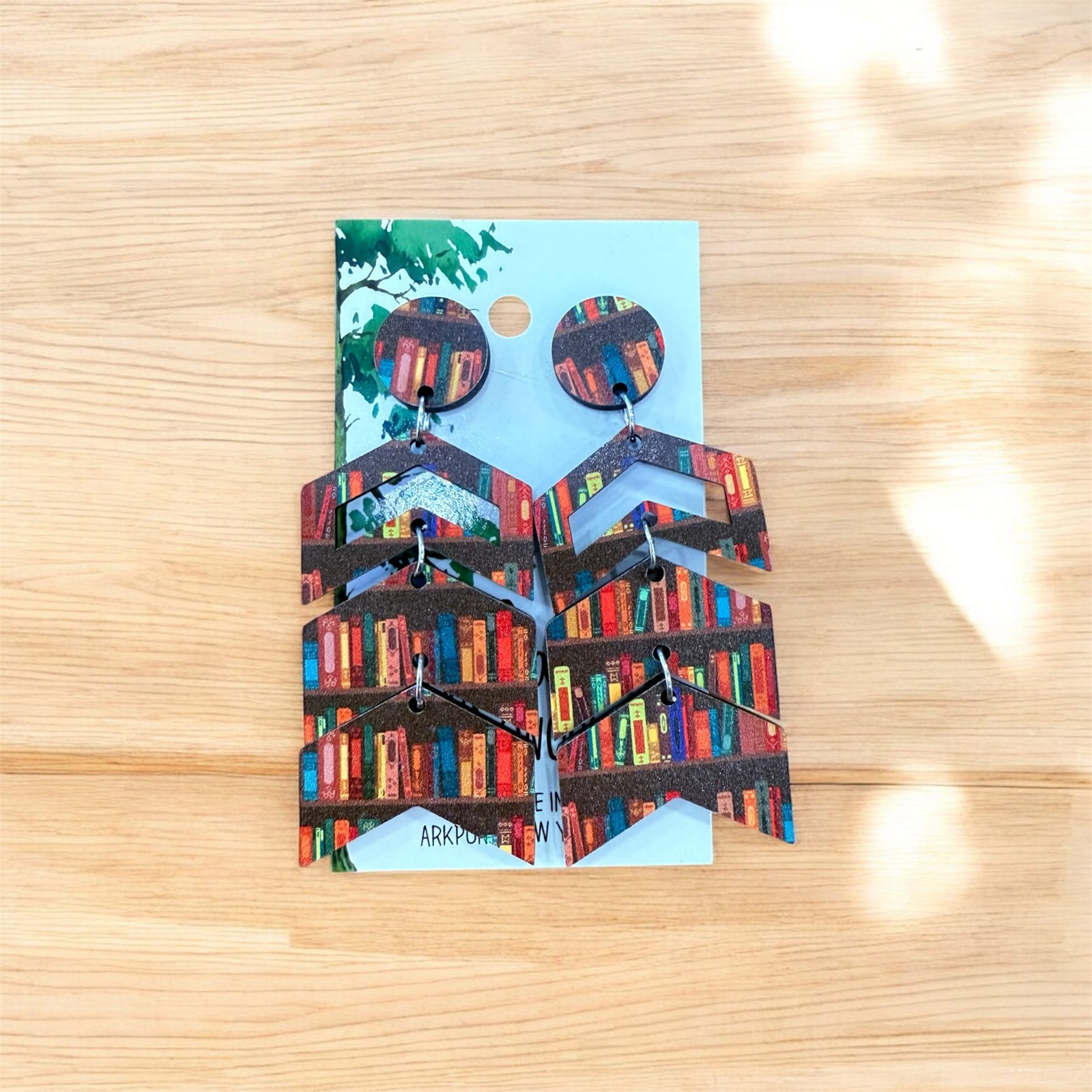 Book Wood Dangle Earrings, Wood  Library Chevron Earrings, Bookshelf Hypoallergenic