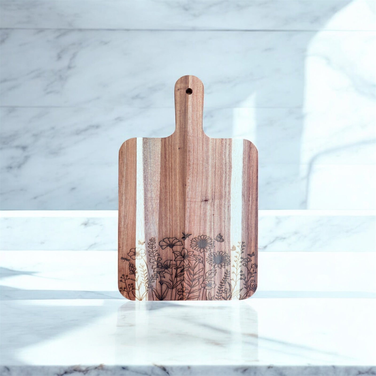 Floral Acacia Cutting Board, Engraved Cutting Board, Flowers