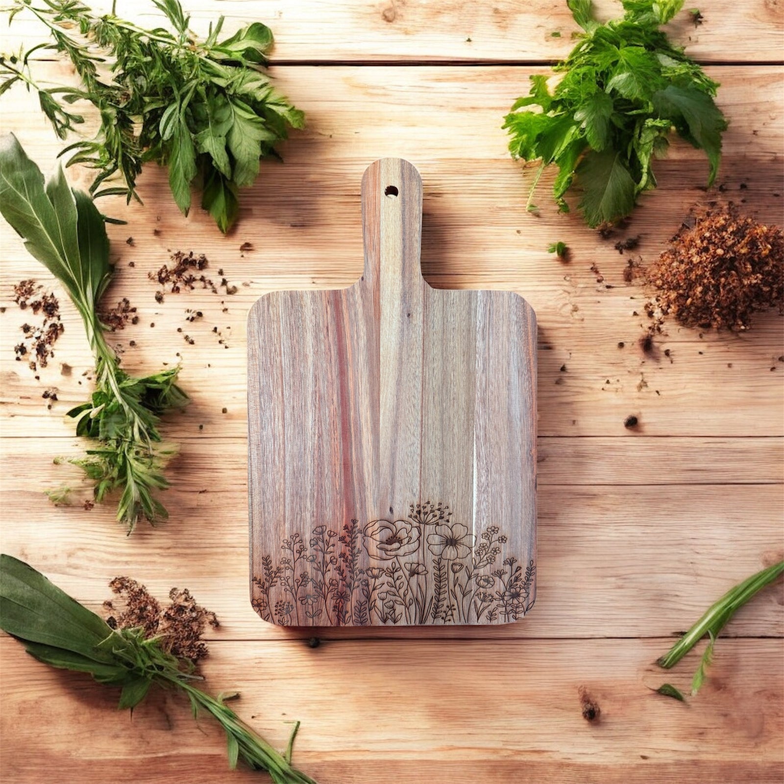 Floral Acacia Cutting Board, Engraved Cutting Board, Flowers