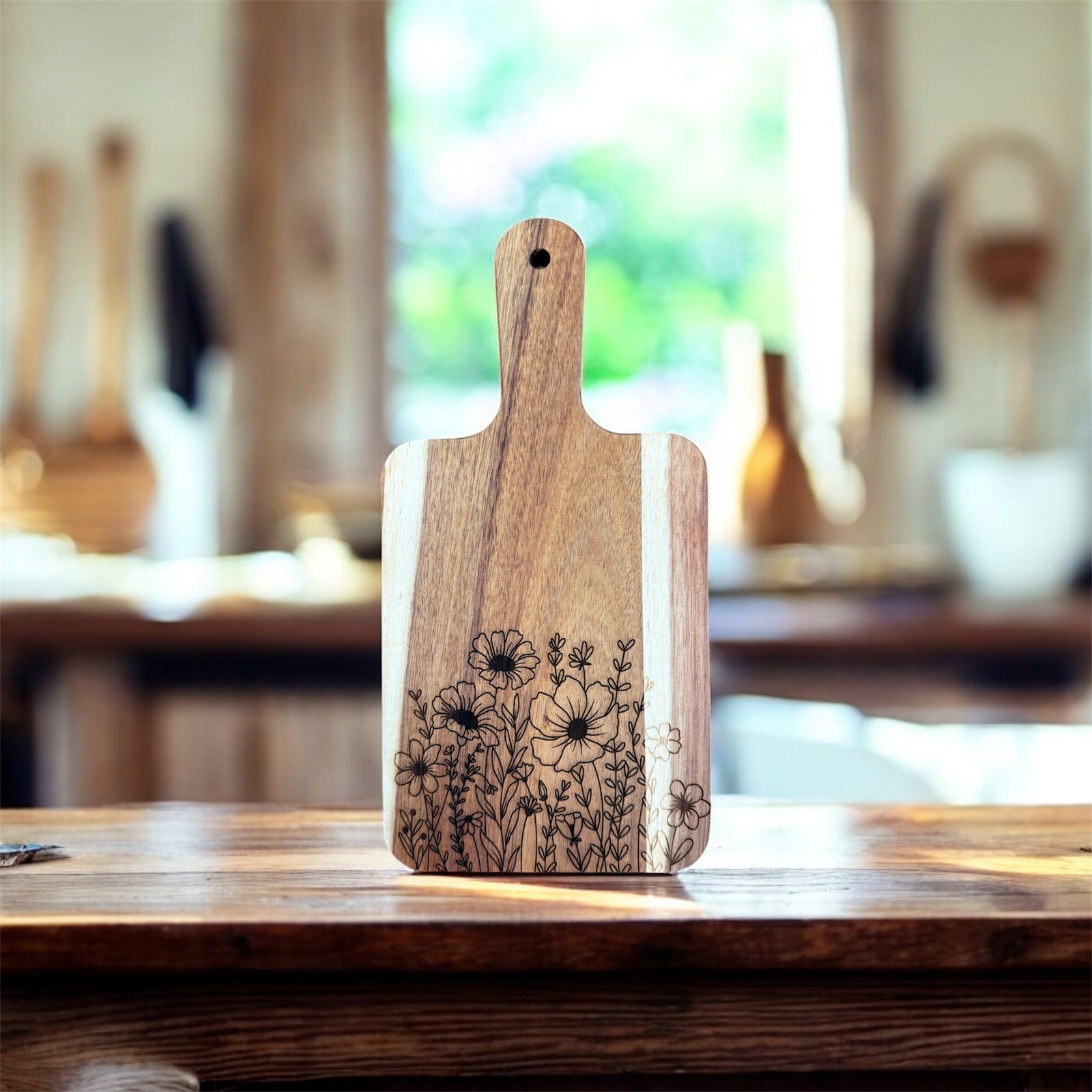 Floral Acacia Cutting Board, Engraved Cutting Board