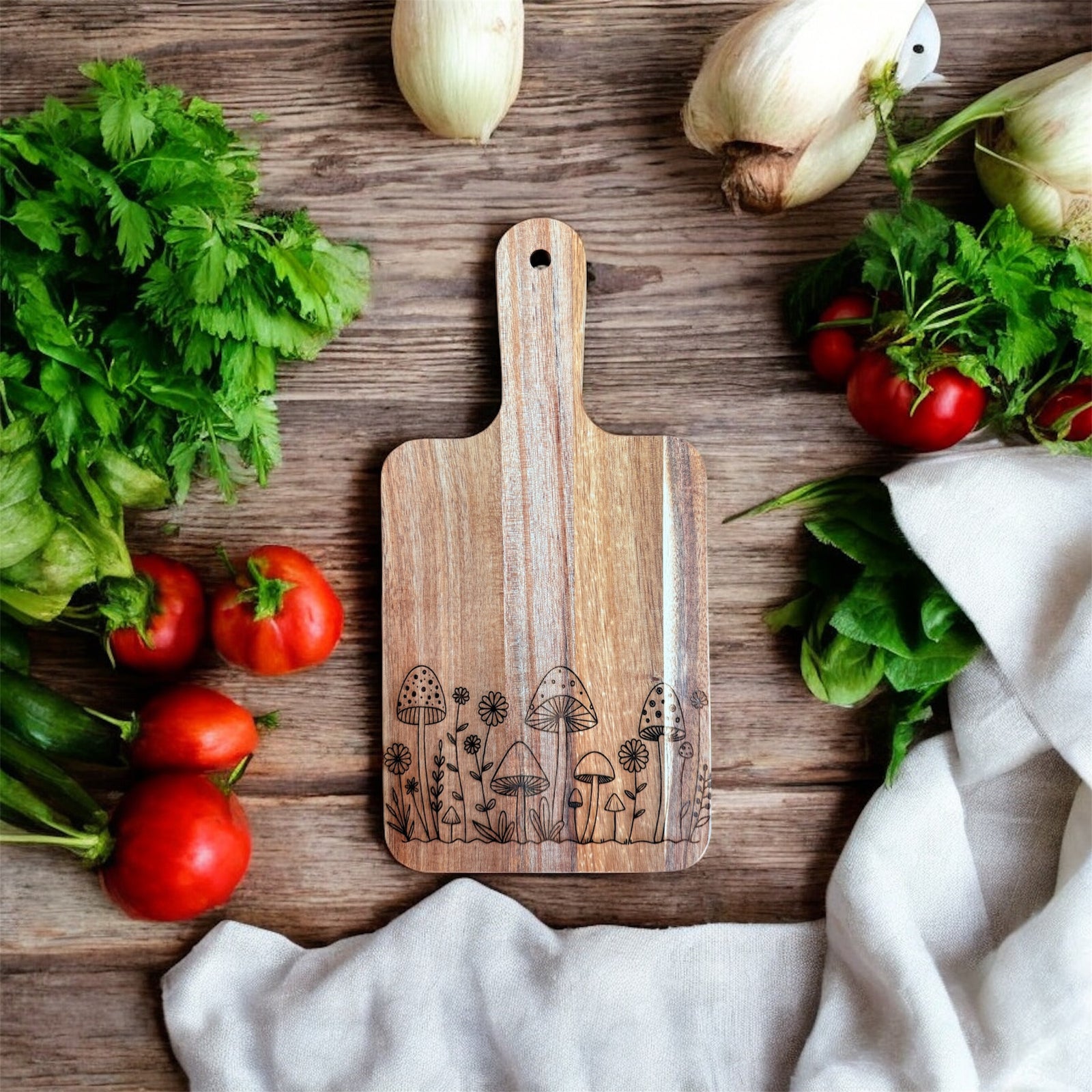 Mushroom Acacia Cutting Board, Engraved Cutting Board