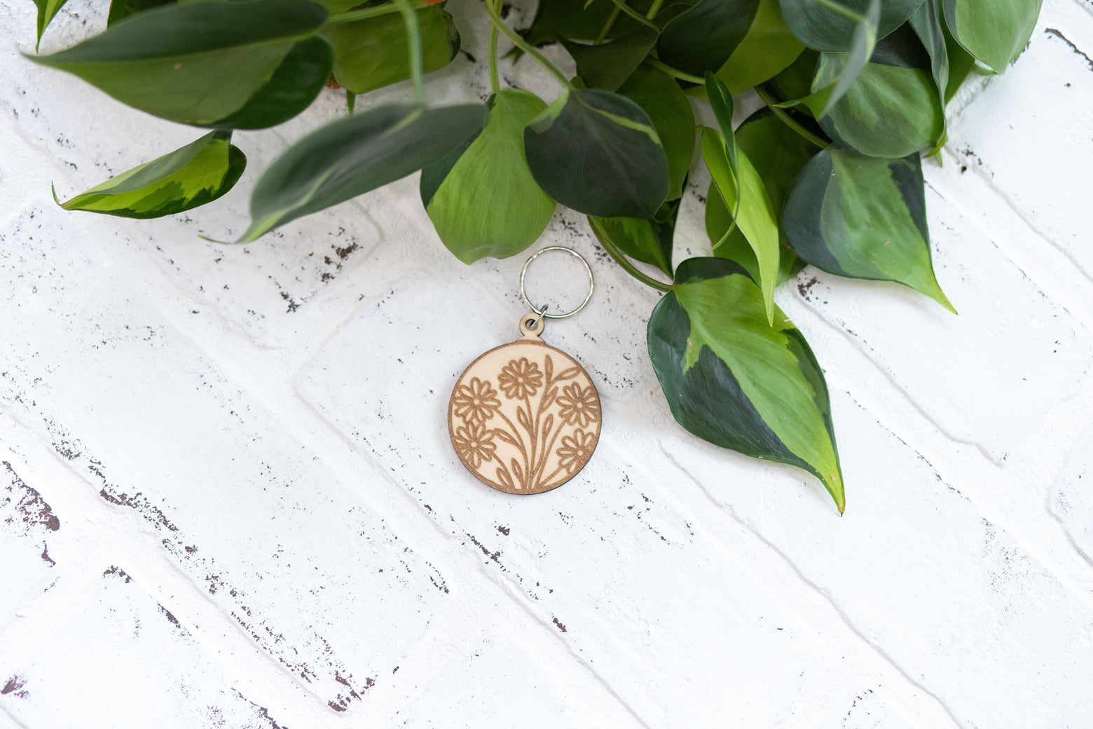 Floral Keychain, Wooden Keychain, Flower Key Ring, Plant Lady Gift Idea