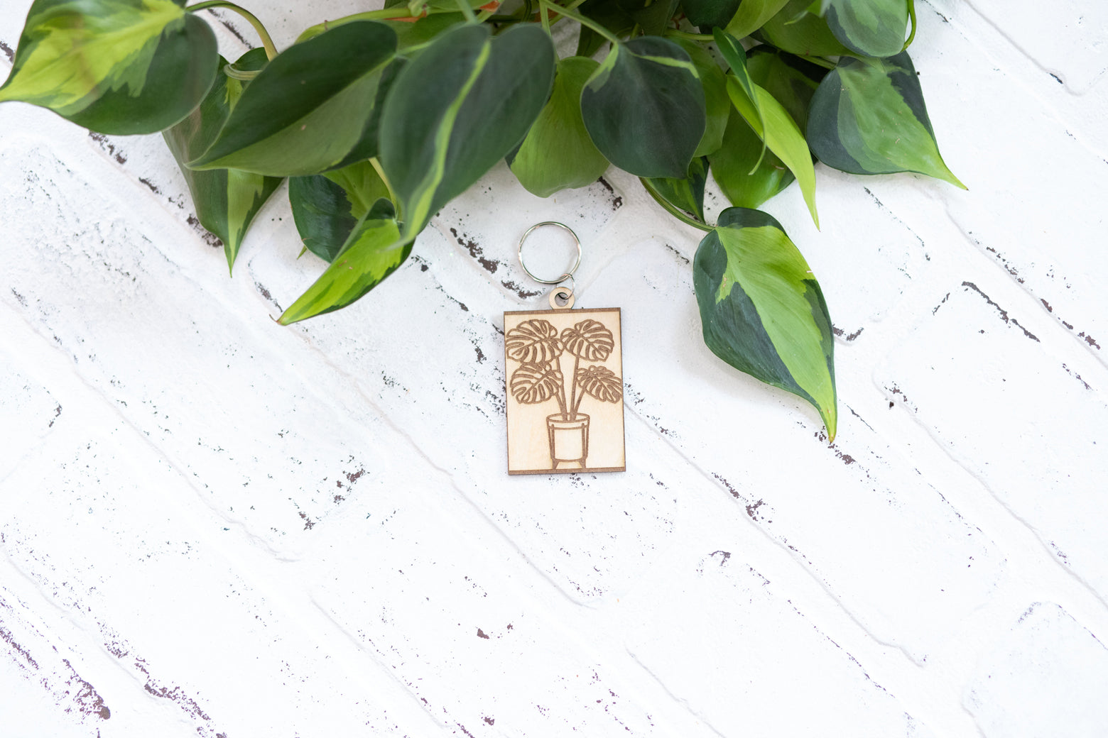 Monstera Keychain, Wooden Keychain, Plant Key Ring, Plant Lady Gift Idea