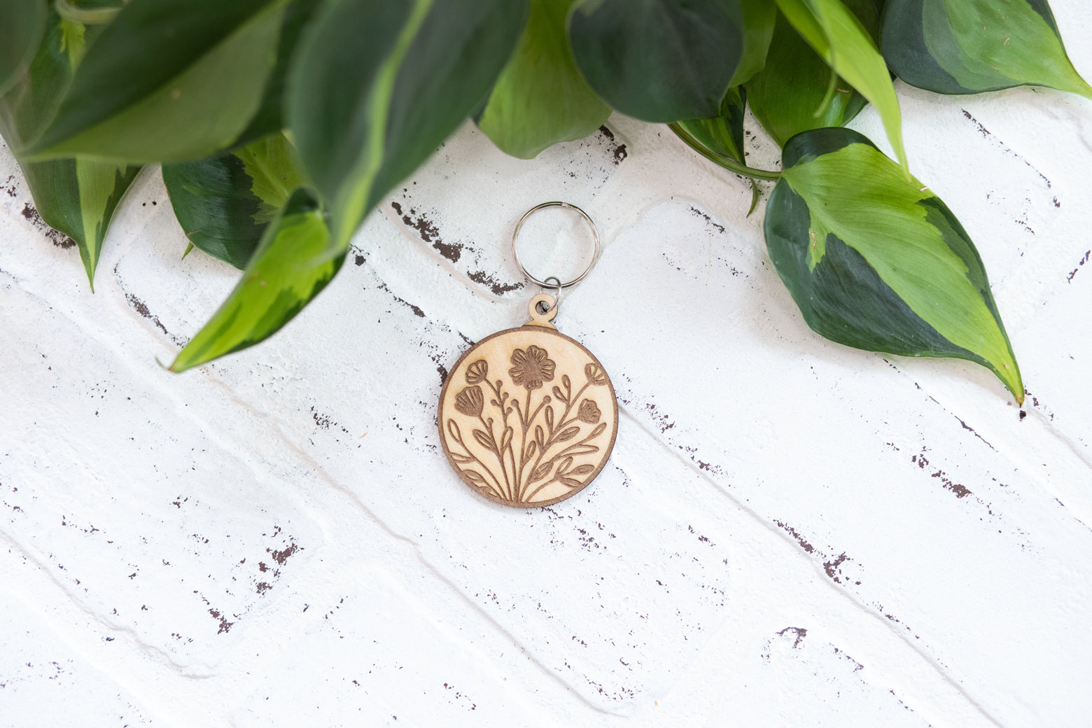 Floral Keychain, Wooden Keychain, Flower Key Ring, Plant Lady Gift Idea