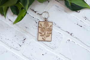 Rectangle Floral Keychain, Wooden Keychain, Flower Key Ring, Plant Lady Gift Idea