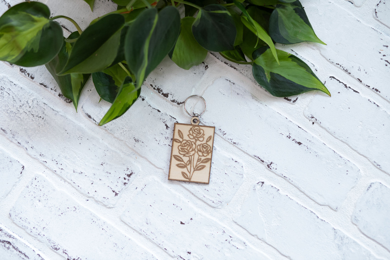 Rectangle Floral Keychain, Wooden Keychain, Flower Key Ring, Plant Lady Gift Idea