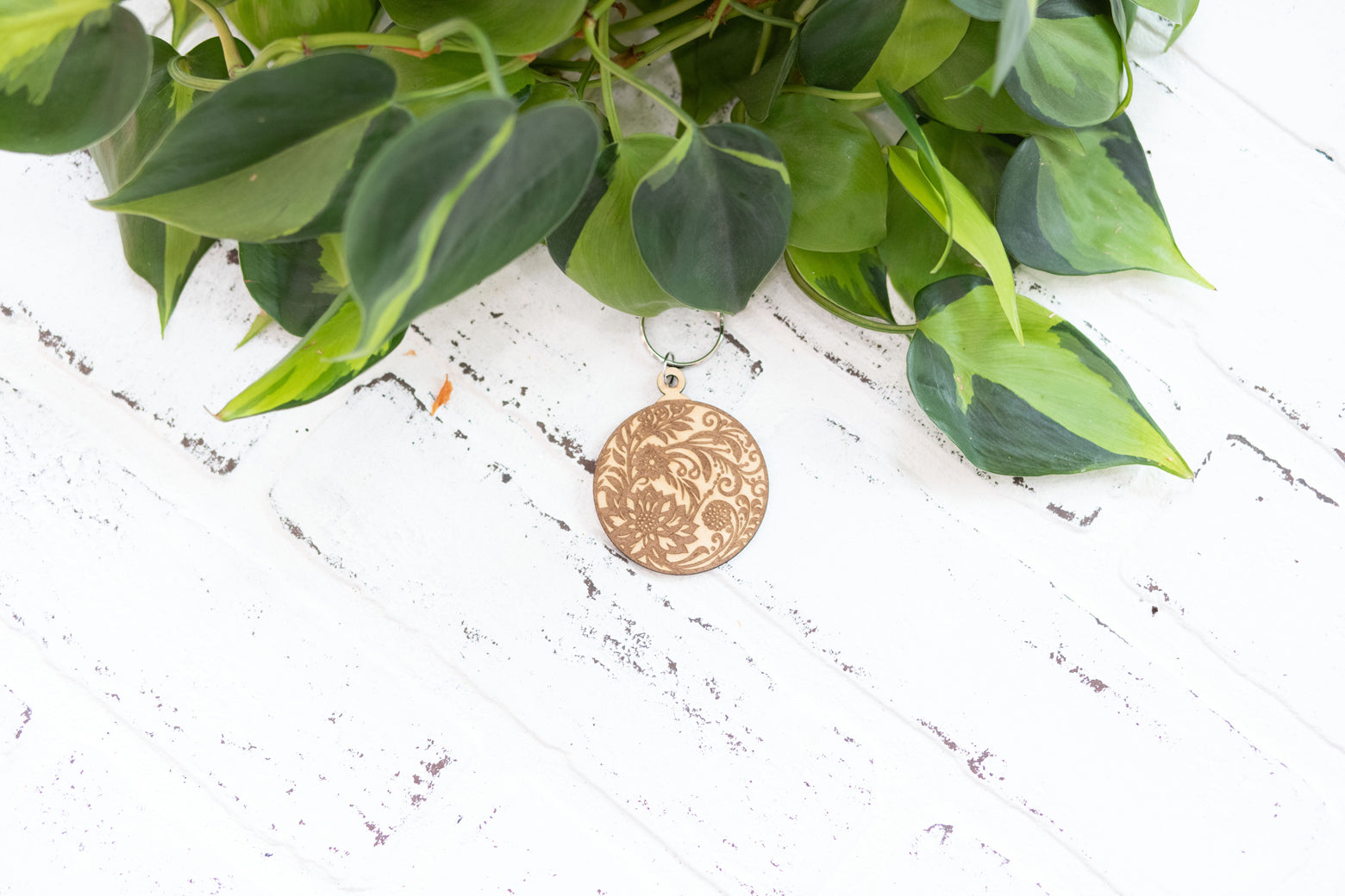 Floral Keychain, Wooden Keychain, Flower Key Ring, Plant Lady Gift Idea