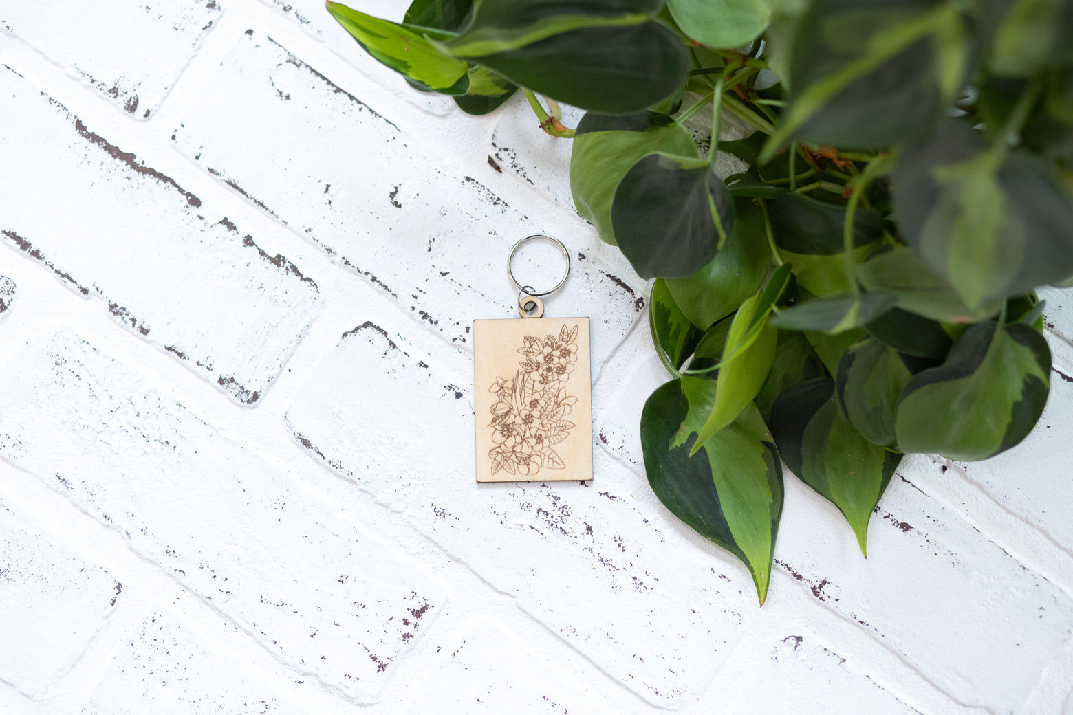 Rectangle Floral Keychain, Wooden Keychain, Flower Key Ring, Plant Lady Gift Idea