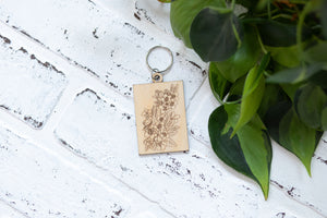 Rectangle Floral Keychain, Wooden Keychain, Flower Key Ring, Plant Lady Gift Idea