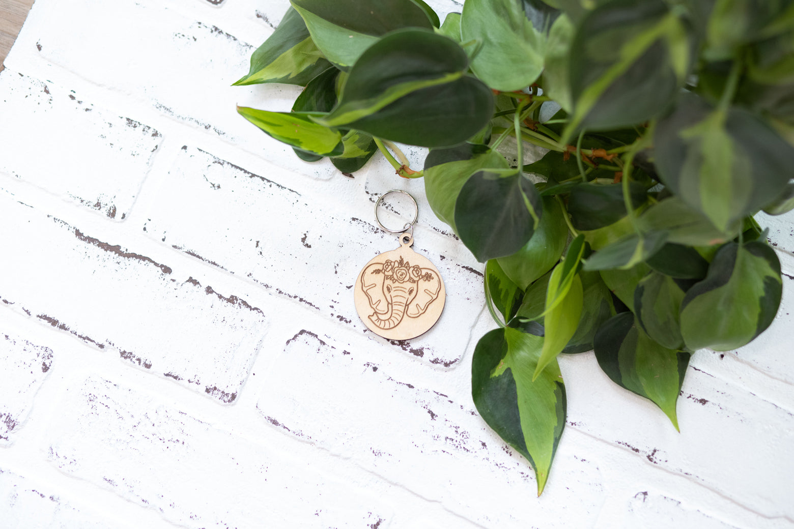 Elephant Keychain, Wooden Keychain, Floral Elephant Key Ring