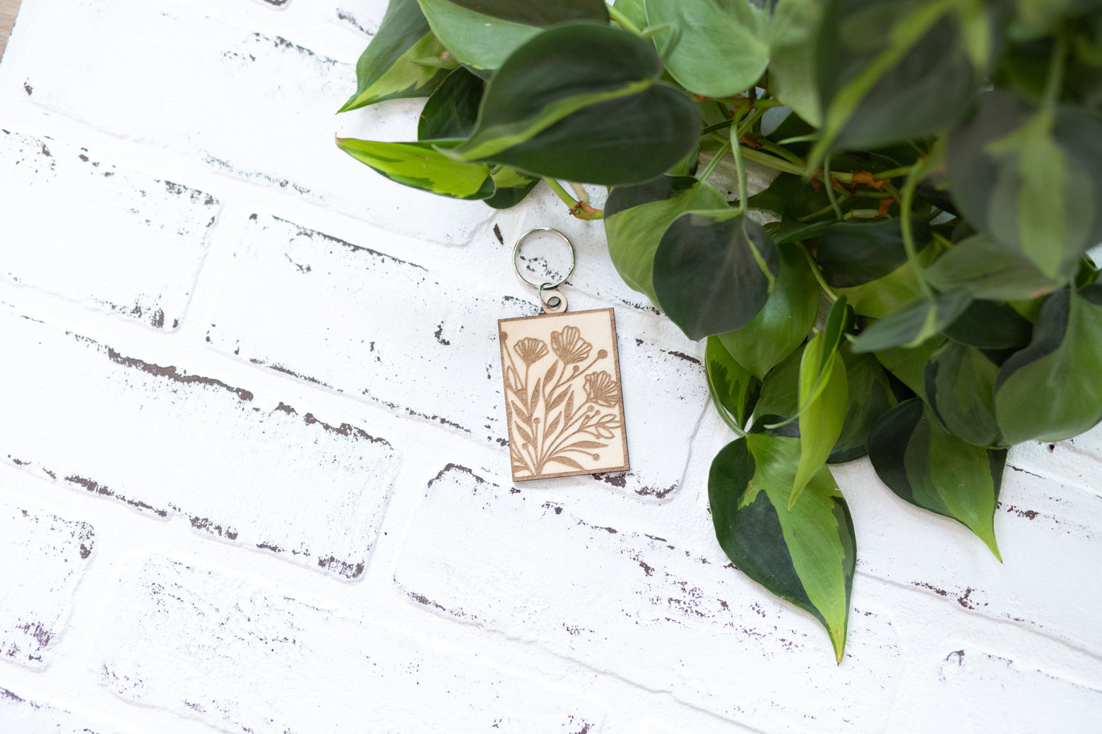 Rectangle Floral Keychain, Wooden Keychain, Flower Key Ring, Plant Lady Gift Idea