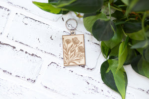 Rectangle Floral Keychain, Wooden Keychain, Flower Key Ring, Plant Lady Gift Idea