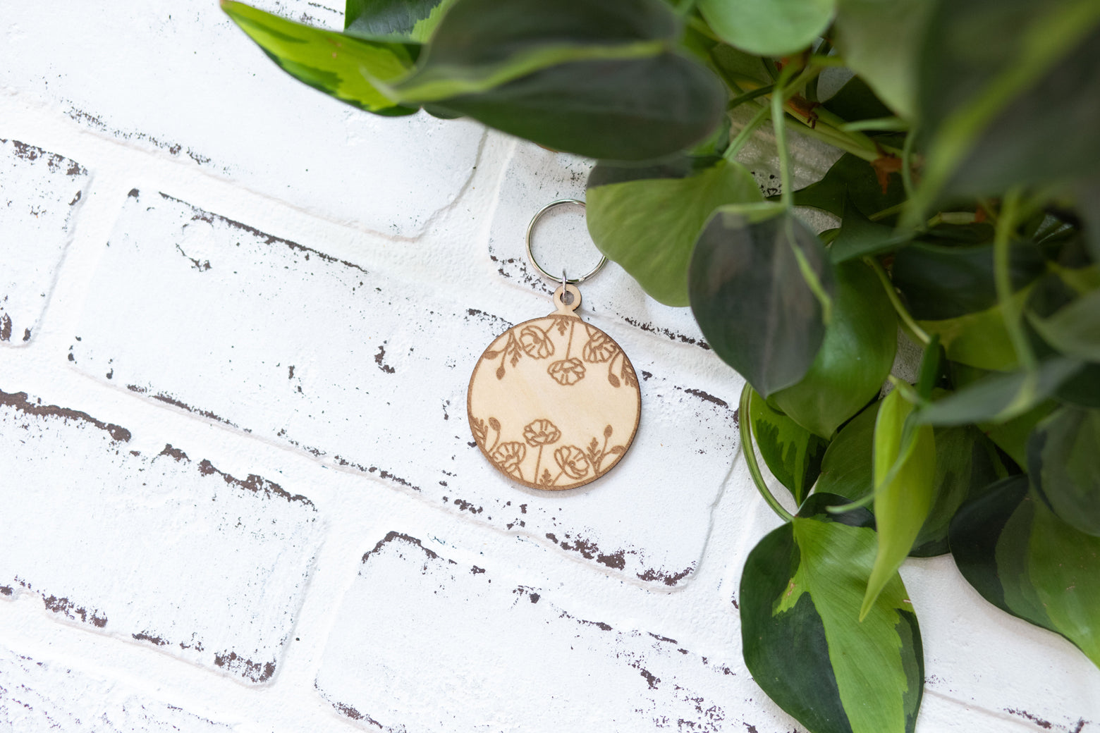 Floral Keychain, Wooden Keychain, Flower Key Ring, Plant Lady Gift Idea