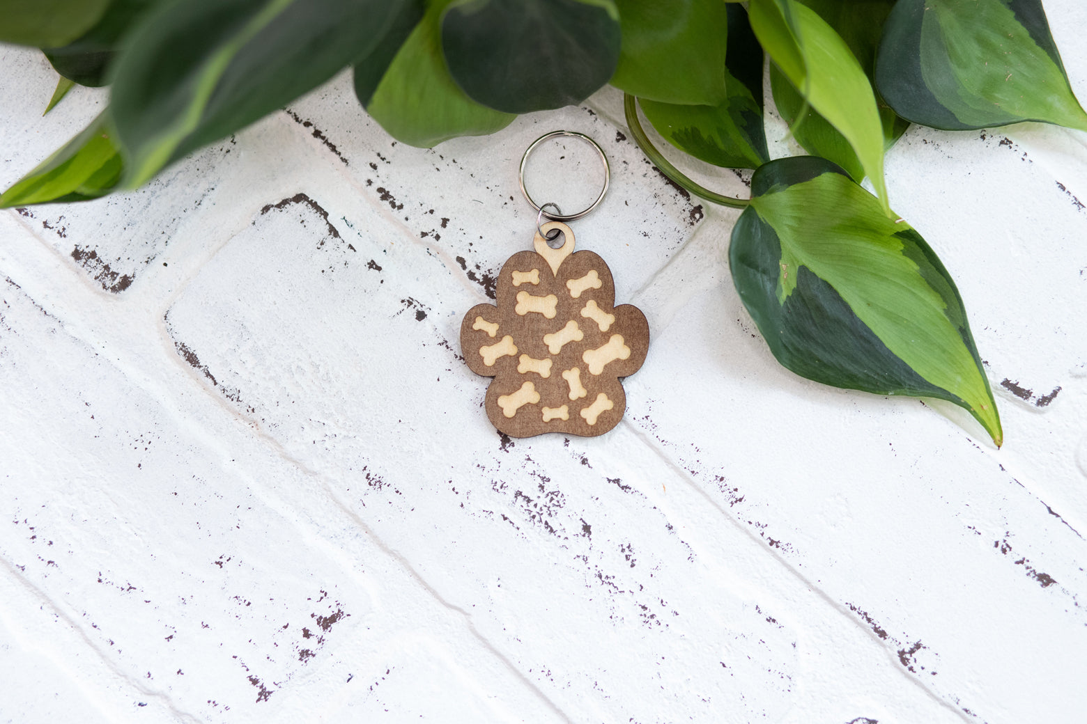 Paw Print Keychain, Wooden Pet Keychain, Paw Print with Hearts and Bones, Mandala Paw Print