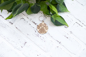 Paw Print Keychain, Wooden Pet Keychain, Paw Print with Hearts and Bones, Mandala Paw Print