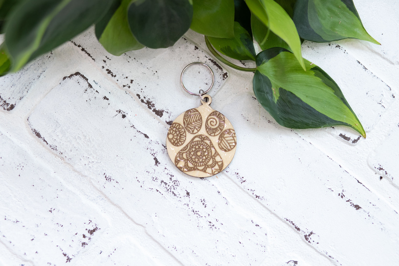Paw Print Keychain, Wooden Pet Keychain, Paw Print with Hearts and Bones, Mandala Paw Print