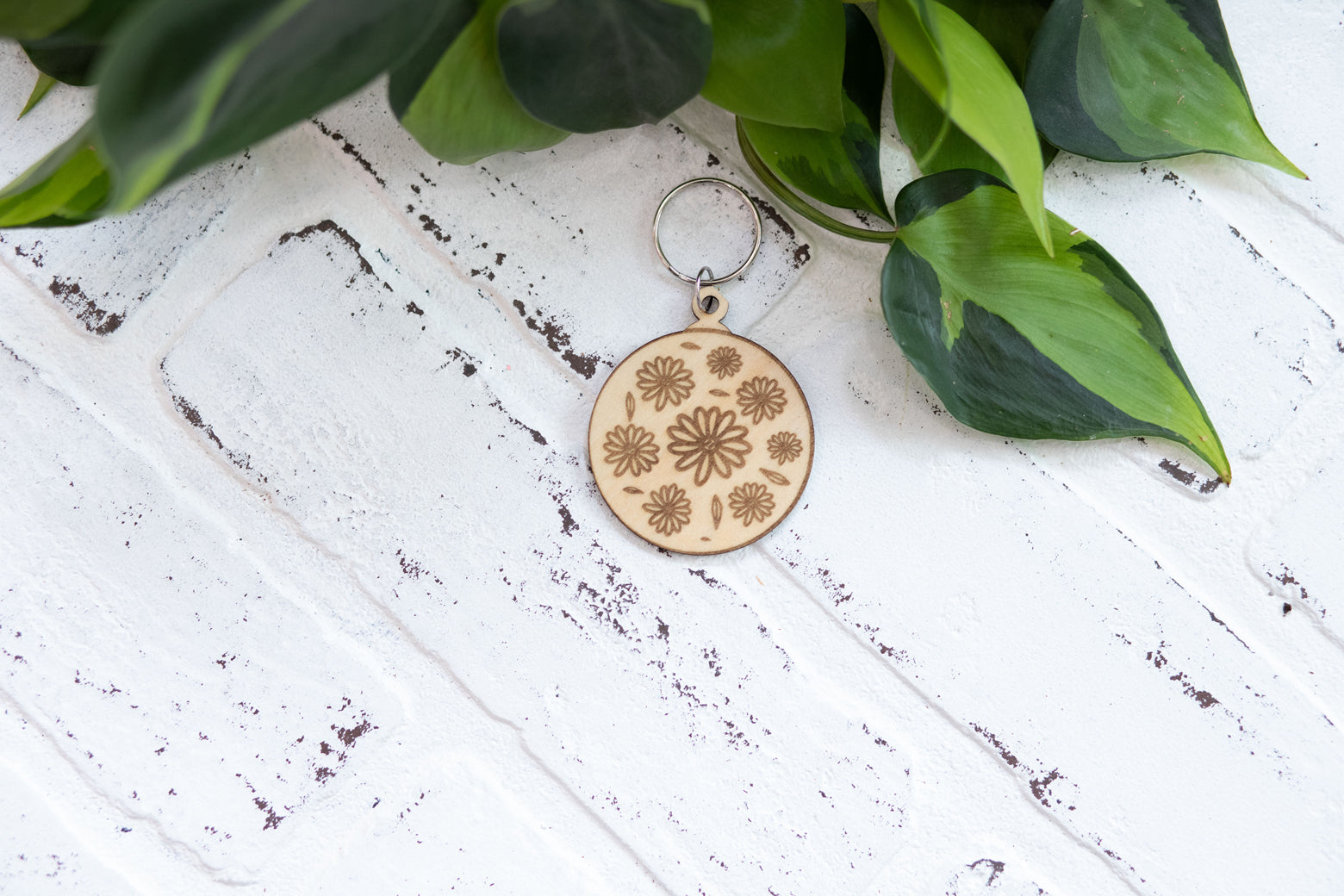 Floral Keychain, Wooden Keychain, Flower Key Ring, Plant Lady Gift Idea