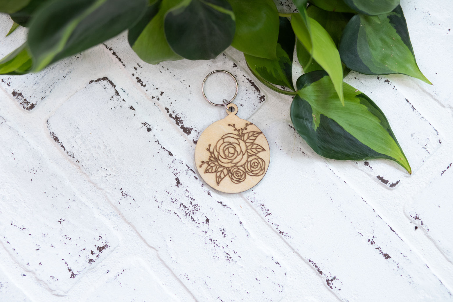 Floral Keychain, Wooden Keychain, Flower Key Ring, Plant Lady Gift Idea