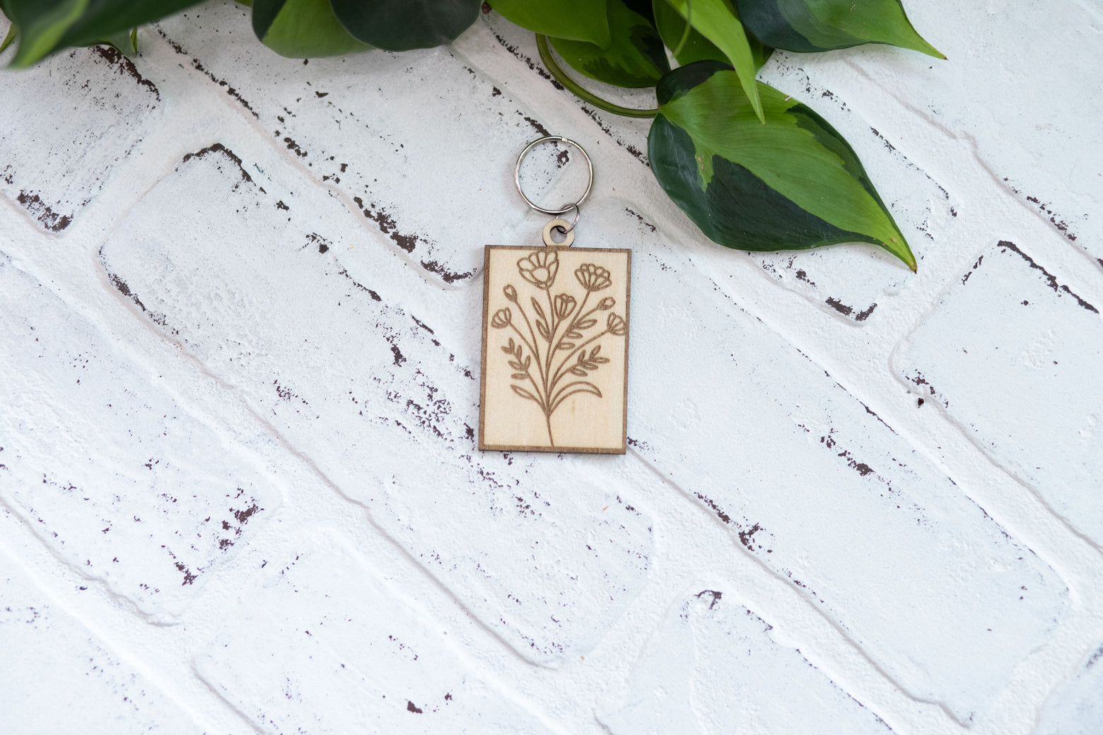 Rectangle Floral Keychain, Wooden Keychain, Flower Key Ring, Plant Lady Gift Idea