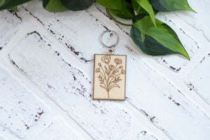 Rectangle Floral Keychain, Wooden Keychain, Flower Key Ring, Plant Lady Gift Idea