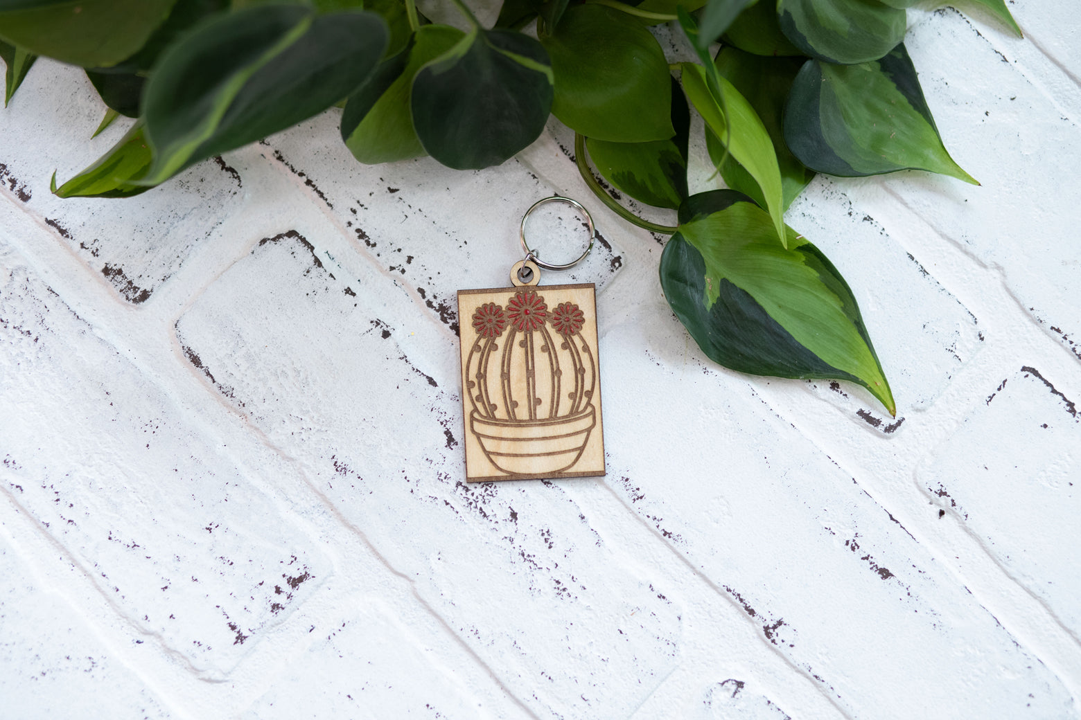 Cacti Keychain, Wooden Keychain, Plant Key Ring, Plant Lady Gift Idea, Succulent Key Chain