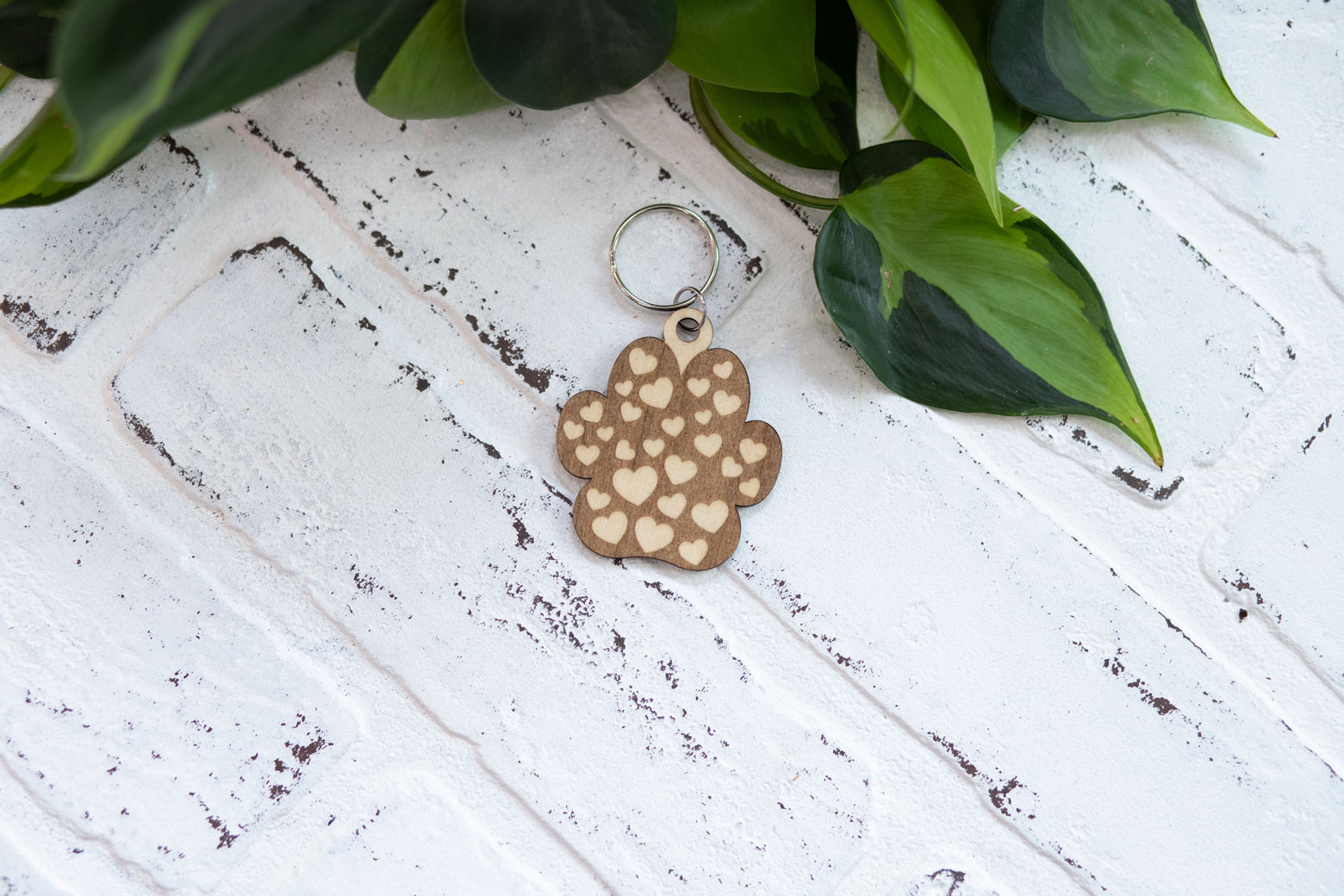 Paw Print Keychain, Wooden Pet Keychain, Paw Print with Hearts and Bones, Mandala Paw Print