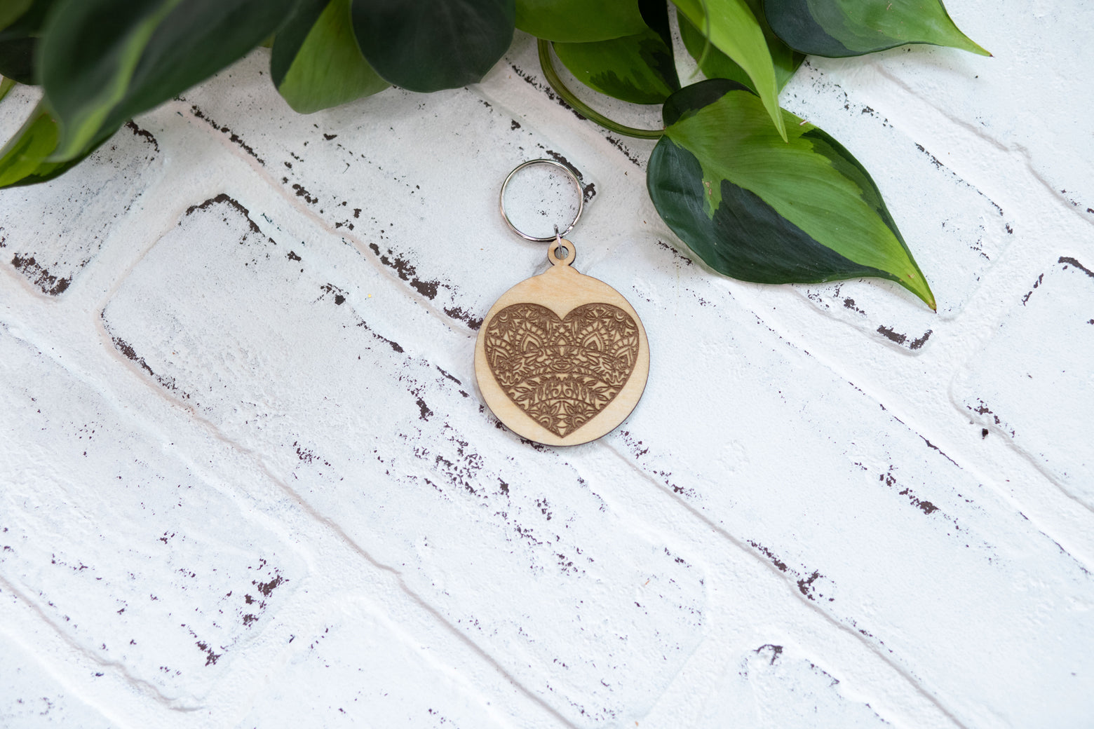 Heart Keychain, Wooden Heart Keychain, Key Ring with Hearts, Mandala Heart