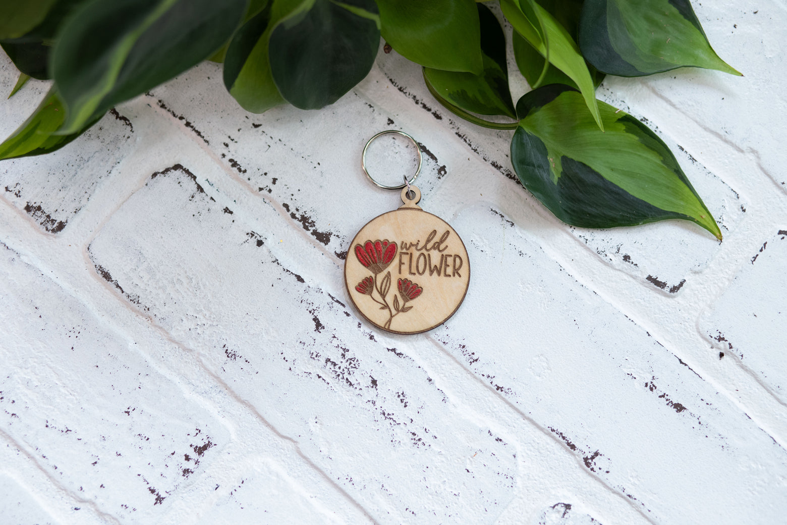 Floral Keychain, Wooden Keychain, Flower Key Ring, Plant Lady Gift Idea