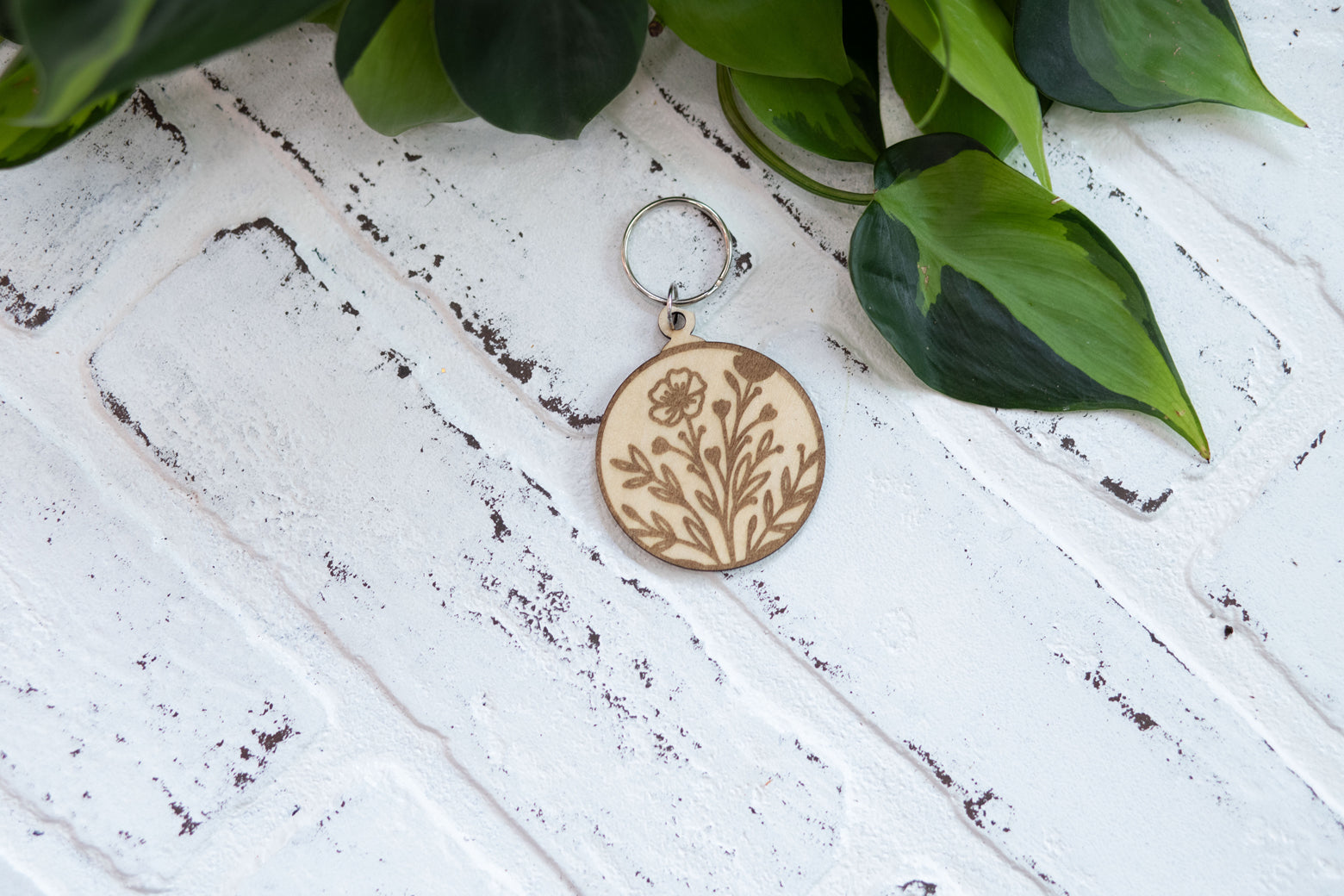 Floral Keychain, Wooden Keychain, Flower Key Ring, Plant Lady Gift Idea