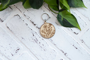 Floral Keychain, Wooden Keychain, Flower Key Ring, Plant Lady Gift Idea