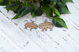 Bear Keychain, Bison Wooden Keychain, Buffalo Key Ring