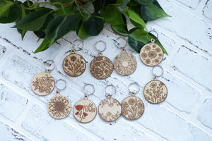 Floral Keychain, Wooden Keychain, Flower Key Ring, Plant Lady Gift Idea