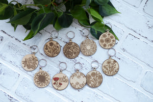 Floral Keychain, Wooden Keychain, Flower Key Ring, Plant Lady Gift Idea