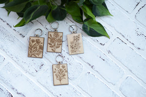 Rectangle Floral Keychain, Wooden Keychain, Flower Key Ring, Plant Lady Gift Idea