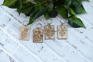 Rectangle Floral Keychain, Wooden Keychain, Flower Key Ring, Plant Lady Gift Idea