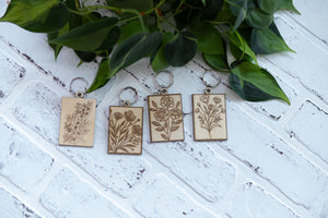 Rectangle Floral Keychain, Wooden Keychain, Flower Key Ring, Plant Lady Gift Idea