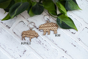 Bear Keychain, Bison Wooden Keychain, Buffalo Key Ring