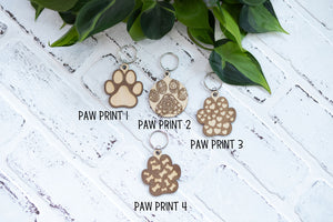 Paw Print Keychain, Wooden Pet Keychain, Paw Print with Hearts and Bones, Mandala Paw Print