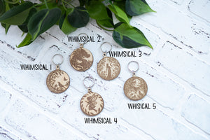 Whimsical Keychain, Wooden Keychain, Fairy Key Ring, Dragon Keychain