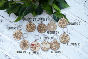 Floral Keychain, Wooden Keychain, Flower Key Ring, Plant Lady Gift Idea