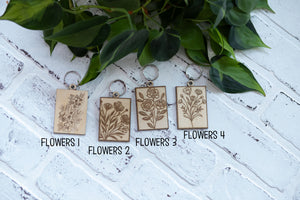 Rectangle Floral Keychain, Wooden Keychain, Flower Key Ring, Plant Lady Gift Idea