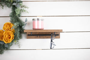 Floating Solid Wood Shelf with Metal Rail, Easy Install Minimalist Shelf with Towel Bar