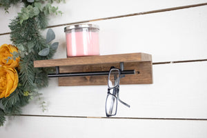 Floating Solid Wood Shelf with Metal Rail, Easy Install Minimalist Shelf with Towel Bar