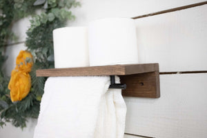 Floating Solid Wood Shelf with Metal Rail, Easy Install Minimalist Shelf with Towel Bar